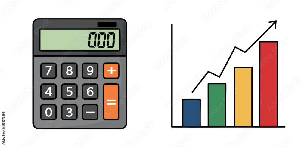 Poster illustration featuring a calculator and a bar graph with an upward trending arrow line