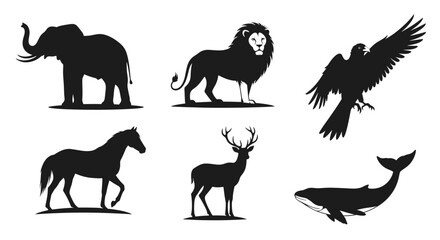 Obraz premium Collection of animal silhouettes including an elephant, lion, eagle, horse, deer and a whale all in a row
