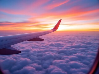 Fototapeta premium Airplane wing soaring above glowing morning clouds, capturing a calm and stunning travel atmosphere. Great for journey, aviation, holiday, and motivational visuals