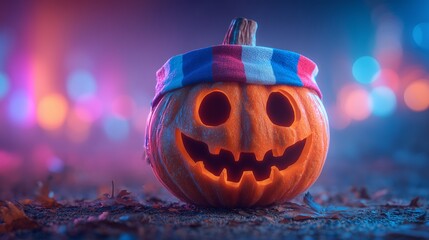 Halloween pumpkin wearing French flag bandana, neon glow, spooky fun, blurred pastel backdrop