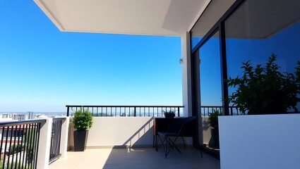 Fototapeta premium Balcony under clear noon sky, sharp shadows, summer vibe
