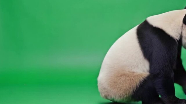 A panda sitting calmly on a green backdrop, showcasing its unique black and white fur patterns