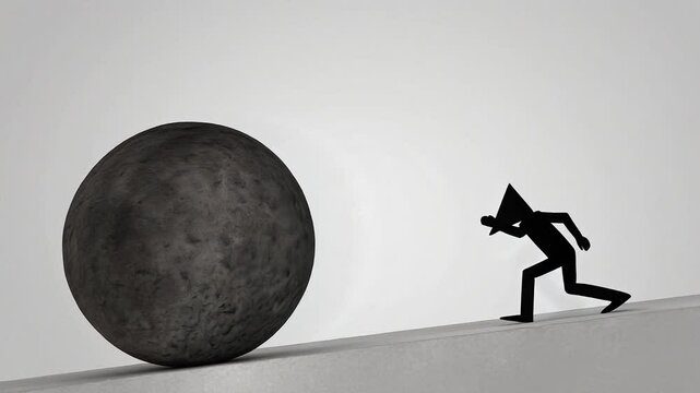 Concept of Endless Struggle, Futility, and Resilience. Man Pushing a Stone in a Repetitive Cycle.