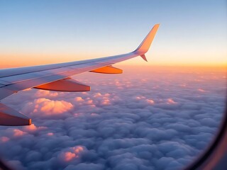 Fototapeta premium Airplane wing flying above a sea of clouds during sunrise, creating a tranquil and scenic travel moment. Perfect for travel, aviation, vacation, and inspirational content