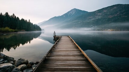 Dock Leading to a Misty Lake in the Mountains