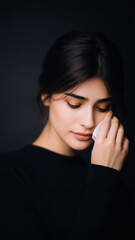 Young woman wiping tears with tissue, emotional expression on dark background