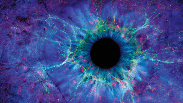Close up of vibrant blue human eye with intricate green and red patterns radiating from pupil, creating mesmerizing and detailed visual effect