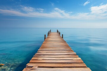 Wooden pier stretching into calm blue sea under clear sky, symbolizing tranquility and endless horizon