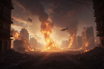 plane flying over a city filled with lots of fire
