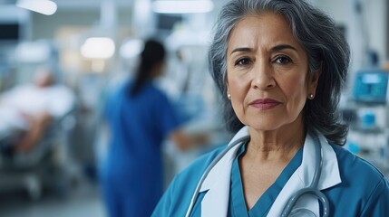 A focused older Hispanic woman in scrubs stands in a hospital setting, portraying confidence and dedication to healthcare. A warm yet serious demeanor adds to her professionalism.