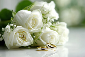 Elegant Concept with White Roses and Wedding Rings on a Soft Background