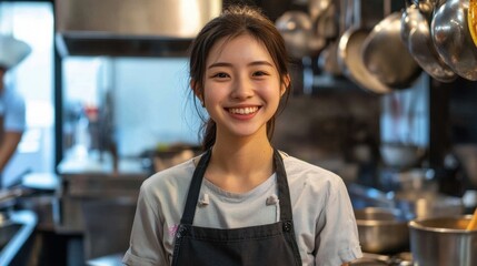 A young Asian female chef smiles brightly in a bustling kitchen, showcasing her passion for culinary arts and the joyful atmosphere of food preparation.