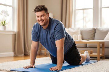 Fototapeta premium Overweight Man Starting Fitness Routine at Home