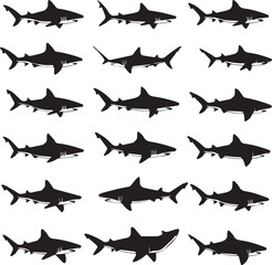Set of Predator Shark Silhouettes for Illustrations and Prints