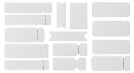 Collection of White Ticket Templates – Various Blank Ticket Designs Isolated on White Background