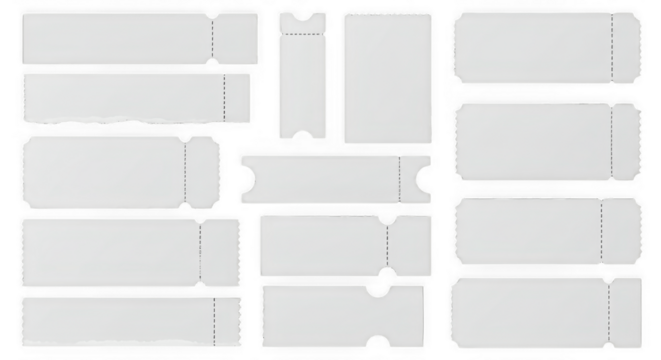 Collection of White Ticket Templates – Various Blank Ticket Designs Isolated on White Background