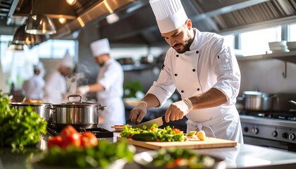 Professional Chef Preparing Fresh Ingredients in a Busy Restaurant Kitchen
