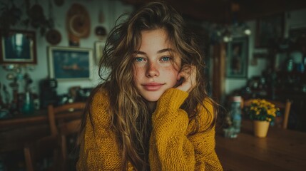 Indoor picture of a young European female sitting at home at a table.
