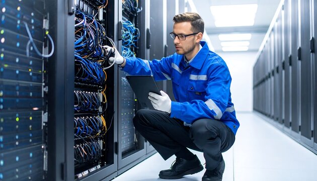 IT Specialist Working on Server Room Network Infrastructure - Powered by Adobe