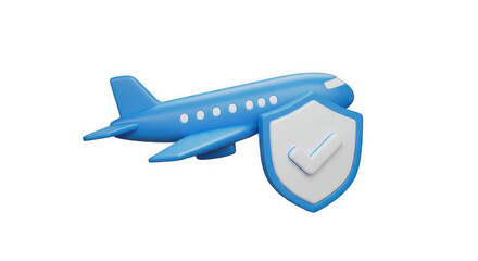 Fototapeta premium 3D Render of Blue Airplane with White Shield and Checkmark on Transparent PNG Background, airplane, aircraft, plane, secure, security, protection, insurance, safe