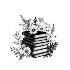 Artistic Black and White Illustration of Stacked Books Surrounded by Hand-Drawn Flowers and Plants for Creative Projects or Book Lovers