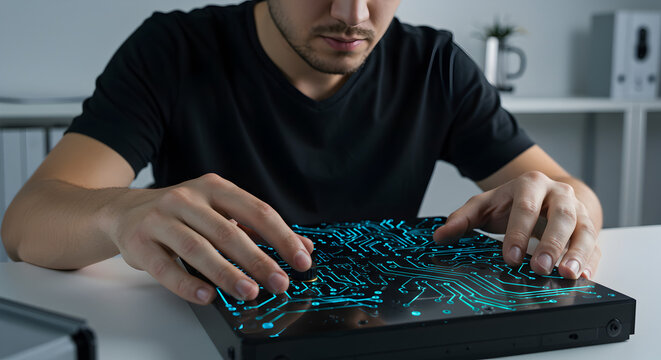 Focused Programmer Working on Futuristic Circuit Board Interface