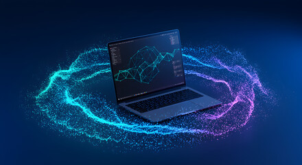 Futuristic Laptop with Data Visualization and Abstract Energy Flow