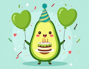Cute happy birthday avocado with balloons.