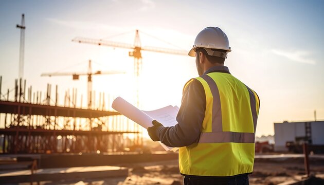 Construction Engineer Reviewing Plans at Sunset