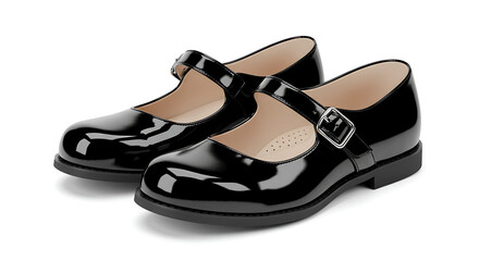 A pristine pair of classic black Mary Jane shoes, crafted from shiny patent leather, is perfectly isolated on a clean white background. shoes, footwear, Mary Janes, black, patent leather, shiny, gloss