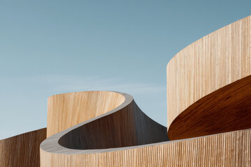 closeup of modern wooden building facades emphasizing organic shapes and textures