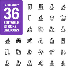 Fototapeta premium Laboratory icons showcasing science, chemistry, and experiments with editable strokes and designs for various research and testing processes.