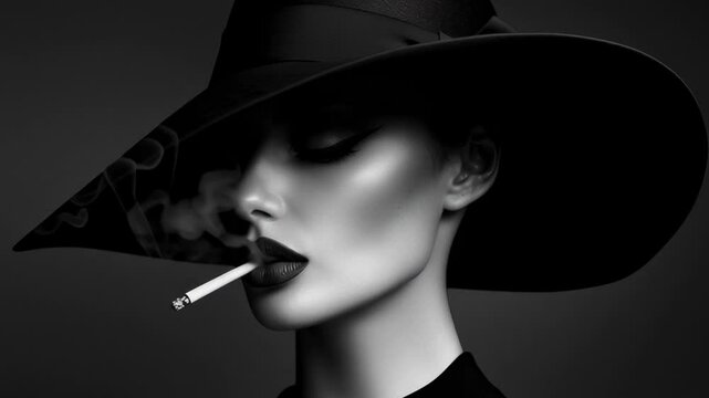 Elegant mysterious woman in black hat smoking cigarette in dramatic black and white cinematic noir fashion style