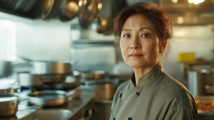 A portrait of a middle-aged Asian woman in a chef's coat, showcasing her dedication and expertise in a bustling kitchen environment filled with culinary tools.