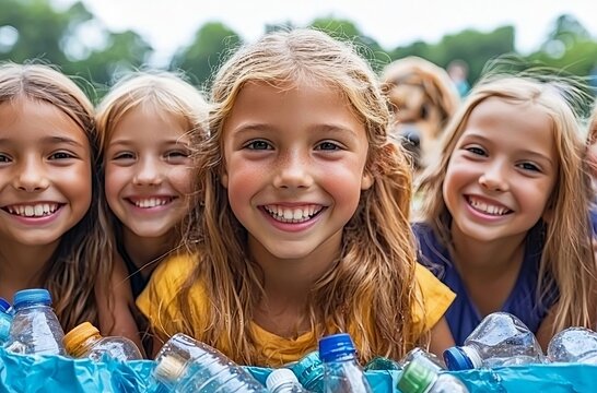 Earth day concept with kid and dog cleaning park gathering plastic bottles , isolated on white background,  , copy space, copy space for text,