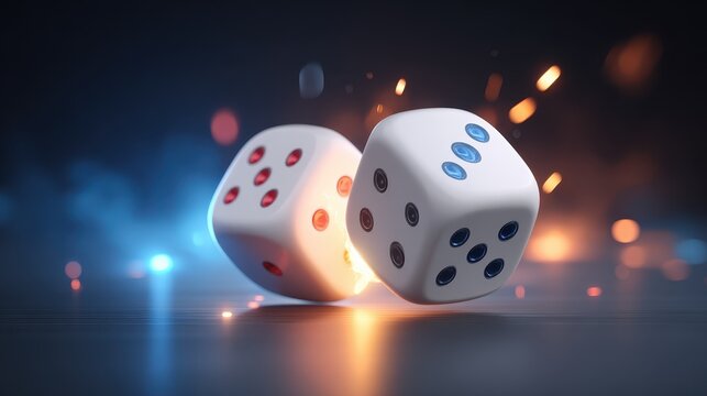 Two dice are shown in the air, one of which is red and blue - Powered by Adobe