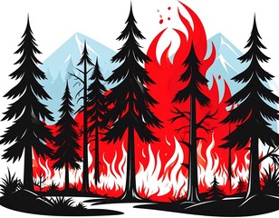 Forest fire scene with mountains