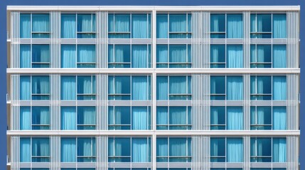 Obraz premium Modern multi-story building facade with grid-like rectangular windows, light blue tinted glass, neutral structural framework, and clear blue sky background.