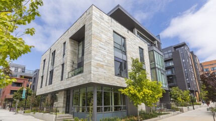 Fototapeta premium Modern multi-story building with light stone tiles, large glass windows, and a sleek balcony under a partly cloudy blue sky, surrounded by young trees and vibrant planters in an urban setting.