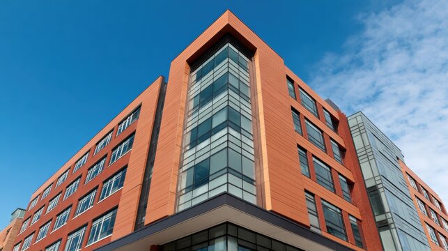 Modern multi-story building with sleek design, large reflective glass windows, warm orange panels, sharp angles, dark base, against clear blue sky and wispy clouds.