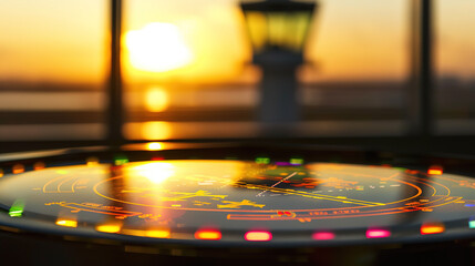 Close-up of an illuminated air traffic control radar display inside a control tower, with blurred runway lights and observation windows in the background. The image captures the complexity and precisi