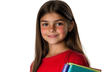 Cheerful young girl with long brown hair wearing a red shirt holding colorful school books on a bright background, perfect for education themes and youth content
