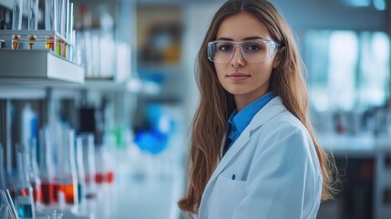 Fototapeta premium A focused young female scientist in a lab coat and protective eyewear stands confidently in a modern laboratory environment, surrounded by scientific equipment.