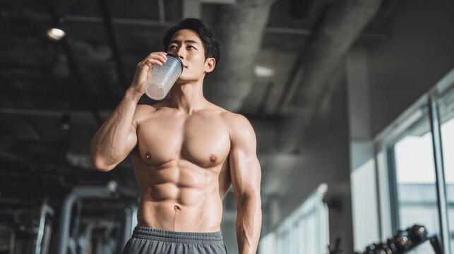 プロテインを飲む男性