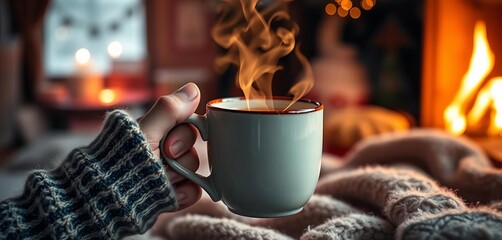 Steaming mug warming hands, cozy home scene on cold day,  rustic,   details