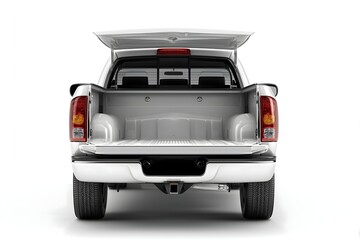 White pickup truck with open tailgate cargo area

