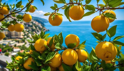 Sun-drenched Amalfi Coast lemons overlooking Mediterranean Sea, Amalfi Coast,  colorful