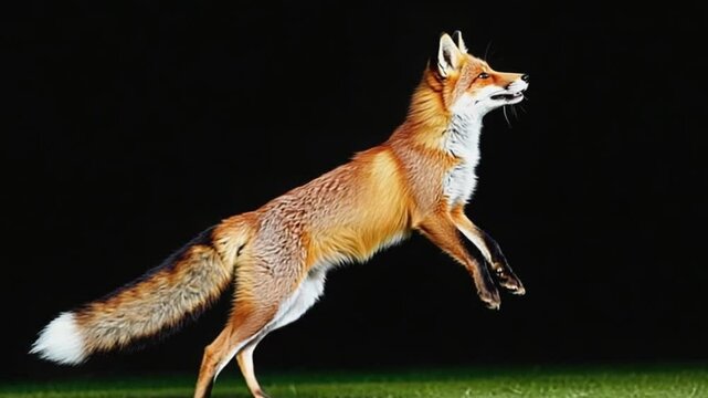 A vibrant red fox leaps gracefully in a dark forest, showcasing its agility and beauty