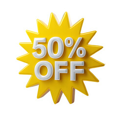 50% OFF Yellow Starburst – 3D Discount Icon Isolated on Transparent Background