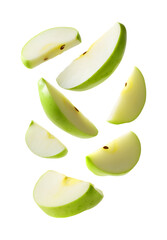falling green apple with slices isolated on a transparent background